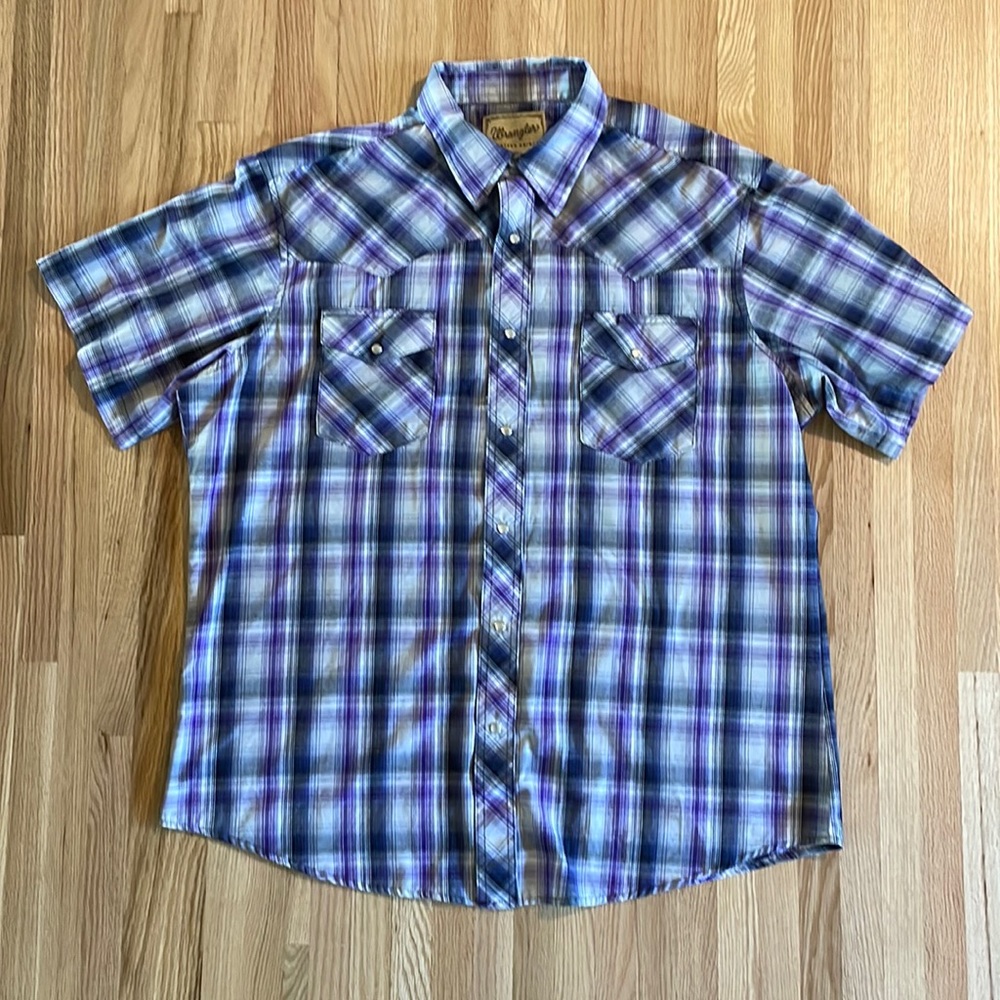 Wrangler Western Pearl Snap Button Up Short Sleeve Purple Plaid XL